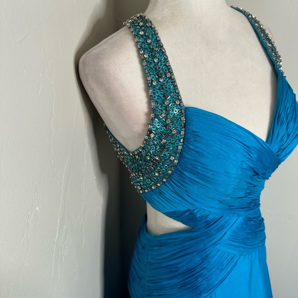 Jovani Silk Turquoise & Silver Beaded Prom Pageant Dress - Picture 2 of 7